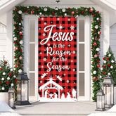Merry Christmas Door Cover Buffalo Check Plaid Door Decoration Xmas Jesus Is The Reason For The Season Backdrop Nativity Banner Religious Sign For Winter Holiday Outdoor Wall Home Party Supplies