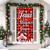 Merry Christmas Door Cover Buffalo Check Plaid Door Decoration Xmas Jesus Is The Reason For The Season Backdrop Nativity Banner Religious Sign For Winter Holiday Outdoor Wall Home Party Supplies