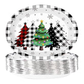 50Pcs Christmas Paper Plates Buffalo Plaid Christmas Trees Disposable Oval Plates 10" X 12" Heavy Duty 400Gsm Black White Buffalo Plaid Christmas Trees Dinner Plates For Merry Christmas Party Holiday