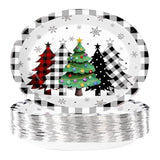 50Pcs Christmas Paper Plates Buffalo Plaid Christmas Trees Disposable Oval Plates 10" X 12" Heavy Duty 400Gsm Black White Buffalo Plaid Christmas Trees Dinner Plates For Merry Christmas Party Holiday