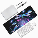 Laptop Mouse Pad Abstract Sparkle Dragonfly Roses Desk Mat With Stitched Edges 31.5X 11.8 Inch Non-Slip Large Keyboard Rubber Writing Table Mat For Office Home