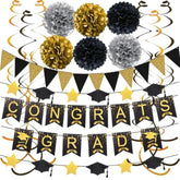 Graduation Decorations For 2025, Congrats Grad Banner And Star Cap Garland, Pennant Banner, Black And Gold Tissue Paper Pompoms, Hanging Swirls, For Graduation Party Decorations