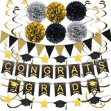 Graduation Decorations For 2025, Congrats Grad Banner And Star Cap Garland, Pennant Banner, Black And Gold Tissue Paper Pompoms, Hanging Swirls, For Graduation Party Decorations