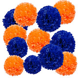 Orange and Blue Tissue Paper Pom Poms Decorations, 12", 10", Paper Flowers for Party Ceiling Hanging Decor - 12 Pcs