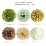 Sage Green Brown Gold Tissue Paper Pom Poms Party Decorations Olive Tan Ivory Flowers Wall Hanging Décor Jungle Safari Woodland Wild Table Centerpieces Supplies Birthday Bridal Baby Shower