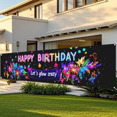 Neon Glow Happy Birthday Banner With Floral & Star Design, 78.7"X17.7" Bold Colorful Party Decorations Backdrop For Indoor Outdoor Celebrations, Parties & Events