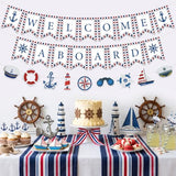 Nautical Party Decorations White Welcome Aboard Banner Ship Anchor Wheel Hanging Banner for Boys Men Sailor Baby Shower Nautical Ocean Beach Cruise Birthday Adventure Party Supplies