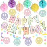 Birthday Decorations, No Diy, Pre-Strung Happy Birthday Banner With Honeycomb Balls, Hanging Swirls, Circle Dots Garland, Happy Birthday Party Decorations For Women Men Boys Girls (Pastel)
