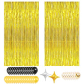 Diy Gold Foil Party Backdrop Kit – 2 Gold Rain Curtains With Black/Gold Balloons & Garland Chain, Easy Peel-&-Stick Party Decor For Birthdays & Holidays