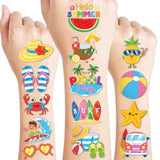 96 Pcs Hello Summer Beach Pool Hawaiian Pre-Cut Temporary Tattoos For Kids | Super Cute Themed Birthday Party Favors, Supplies, Decorations, Fake Tattoo Stickers (Multiple)