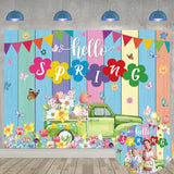 Hello Spring Banner Backdrop 6X4Ft Spring Truck Tulips Flowers Colorful Wood Photography Background Springs Easter Party Decorations Photo Props