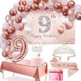 9Th Birthday Decoration Set - Rose Gold Arch, Banner, Tablecloth, Tiara, 60 Latex Balloons