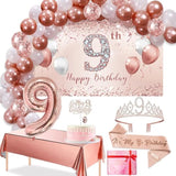 9Th Birthday Decoration Set - Rose Gold Arch, Banner, Tablecloth, Tiara, 60 Latex Balloons