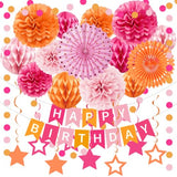 Light-Hot Pink Orange 21st Birthday Party Decorations - Women Happy Birthday Banner with Hanging Star Streamers, Rose Tissue Pom Poms Decor, Fall Boho Flower Fans Honeycomb Balls Supplies