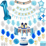 Baby Boy 1St Birthday Decorations With Birthday Crown - First Birthday Boy Decorations - Cake Smash Party Supplies - Happy Birthday And Highchair One Burlap Banner, Number One Balloon, Cake Topper.