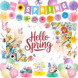 Spring Party Decorations - Hello Spring Backdrop, Banner, Hanging Swirl, Honeycomb Centerpieces, Paper Pom Poms And Balloons For Floral Birthday Themed Party Supplies