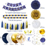 46pcs Navy Blue, Gold & White Birthday Decorations with Banner, Balloons  Garland