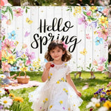 Hello Spring Banner Backdrop Wildflowers Rustic Wood Happy Spring Background Banner Butterfly Flowers Easter Holiday Party Decorations 70.8 X 43.3 Inch