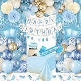 Blue Birthday Decorations, Blue Party Decor With Dusty Baby Blue Gold Balloons Happy Birthday Banner Birthday Sash Tablecloth Fringe Curtain Light Blue Bday Decorations For Baby Boys Girl Men Women
