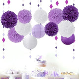 Purple-White Lavender Party Decorations Paper Flowers Lanterns - 15Pcs Birthday Graduation Tissue Pom Poms Streamers, Baby Bridal Shower Wedding Retirement Bachelorette Hanging Supplies Decor