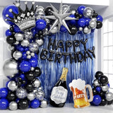 Blue and Black Birthday Decor with Banner, Balloons, and Fringe Curtains