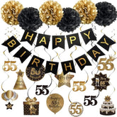 14PCS 55th Birthday Hanging Swirls, Black & Gold Streamers with Banner Pompoms