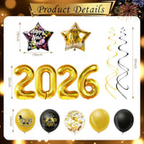 2026 New Year Party Set in Gold and Black with Banner, Balloons, and Party Accessories