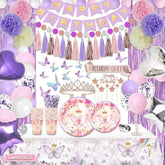 222 Pcs Butterfly Birthday Decorations, Purple And Pink Birthday Decorations For Girls Kit - Disposable Dinnerware Set With 25 Guest, Balloons, Sash, Tiara, Banner, Butterfly Decor