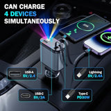 Car Charger With Starlight, 66W Usb C Fast Car Chargers Adapter, 4 In 1 Retractable Car Charger With 2 Usb Ports Car Phone Chargers For Iphone 16/15/14/13/12/11 And For Android (Dark Grey)