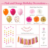 Hot Pink & Orange Birthday Decorations - Gold Balloons, Paper Pompoms, Tassels, Banner & Circle Garland For Teen Women