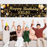 Personalized Birthday Banner Happy Birthday Party Decoration Custom DIY Black Gold Birthday Party Backdrop with Name Alphabet Letter Sticker Happy Birthday Sign Party Supplies for Men Women