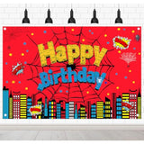 Red spider web 5x3ft backdrop for superhero or city-themed birthday and party photos