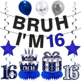 11Pcs 16Th Birthday Decorations For Boys Men, Blue Sliver Happy 16Th Birthday Banner, Bruh I'M 16 Balloons Centerpieces Swirls Party Supplies, Sixteen Bday Banner Ceiling Table Topper Sign