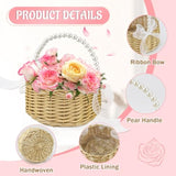 Flower Girl Basket, Wedding Flowers Basket, Large Wicker Flower Girl Basket With Pearl Handle And Ribbon Bow, Handwoven Wicker Flowers Baskets For Outdoor Picnic, Home Wedding Decor, Photo Props