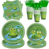 Frog Birthday Decorations Tableware - Green Frog Theme Baby Shower Birthday Party Supplies Decor, Paper Plate, Cup, Napkin, Disposable Cutlery, Serves 24