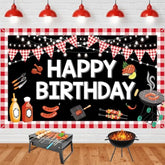 Bbq Birthday Party Decorations - Large Happy Birthday Banner, Red Gingham Picnic Backdrop For Baby Shower, Barbecue Party Supplies, Yard Outdoor 70.8 X 43.3 Inch