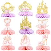 9 Pack Floral Princess Honeycomb Centerpieces Pink And Gold Castle Crown Carriage Party Table Decorations For Princess Theme Party Decorations Supplies