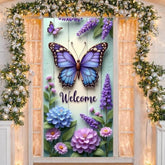 Welcome Spring Door Cover Butterfly Door Banner Decorations Hydrangea Flower Front Door Cover Seasonal Spring Door Banner Photo Background For Spring Holiday Indoor Outdoor Party Decor Supplies 70.8 X 35.4 Inch