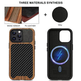 Magnetic Case Compatible With Iphone 13 Pro Max Case Wood Grain With Carbon Fiber Texture Design Leather Hybrid Slim Case (Compatible With Magsafe) Black