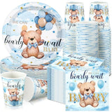 200PCS Blue Bear Baby Shower Party Supplies Set, Plates, Napkins & Cups for 50 Guests
