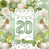 20Th Birthday Decorations, Sage Green 20Th Bday Decorations For Women Happy Birthday Banner Green Gold Balloons Crown Sash Fringe Curtain Tablecloth Cake Topper For Bday Decor