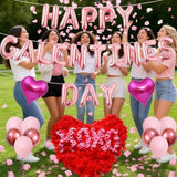 Happy Galentine's Day Balloons Decorations Letters Banner Women Lady 18" Heart Balloons Alphabet Foil Mylar Balloons with 1375 Pcs Artificial Rose Petals for Valentines Day Decor Photo Prop