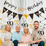 90Th Birthday Decoration Kit Happy 90Th Banner Swirls Streamers Black Gold