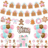 Christmas & Birthday Decorations - Pink Gingerbread Man Merry Birthday Theme Banner, Candy House Cake Topper & Latex Balloons For Boys & Girls Parties