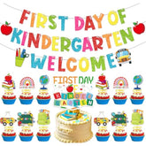 First Day of Kindergarten Banner with Cake & Cupcake Toppers - Back to School Decor