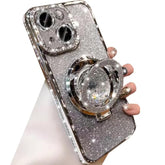Glitter Kickstand Case For Iphone 15, Luxury Bling Sparkly Diamond Rhinestone With Camera Lens Protector Liquid Flowing Ring Stand Tpu Bumper Slim Women Girls Case For Iphone 15 6.1" (Silver)
