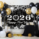 Black Silver Happy New Year Backdrop 6x3.6ft Gold Bokeh Balloons 2026