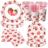 Strawberry Birthday Decorations,144Pcs Strawberry Party Plates,Napkins,Cups Strawberry Party Supplies Summer Fruit Tableware Set For Girls Baby Shower,Berry First Birthday Decor