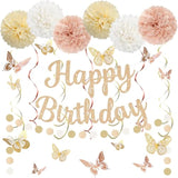 Champagne Gold Birthday Decorations For Women, Pre-Strung Happy Birthday Banner With Tissue Paper Pompoms?Hanging Swirl Streamers, 3D Butterfly Decorations, Beige Boho Birthday Party Supplies