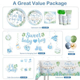 201Pcs Baby Shower Decorations Boy Tableware Set, 25 Serves Disposable Plates And Napkins Set, With 2Pcs Tablecloth, Cake Topper, Banner, Balloons For Baby Boy Shower Decorations